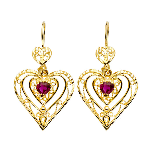 14K Yellow Gold Women’s Heart Filigree Synthetic Red Ruby CZ Dangle Earrings aprox 1 1/2" tall