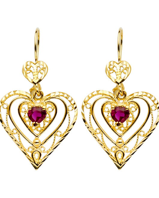 14K Yellow Gold Women’s Heart Filigree Synthetic Red Ruby CZ Dangle Earrings aprox 1 1/2