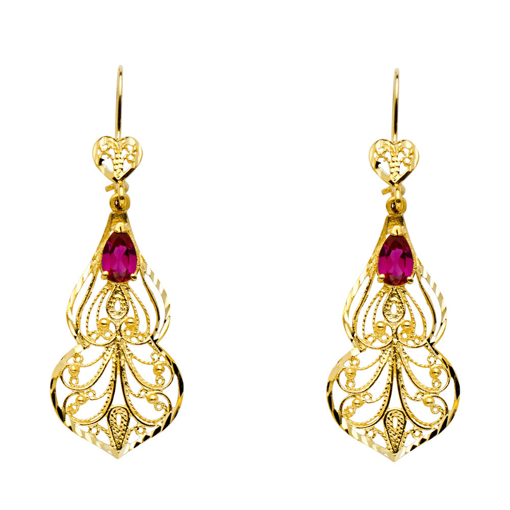 14K Yellow Gold Women’s Filigree Synthetic Red Ruby CZ Dangle Earrings aprox 2" tall