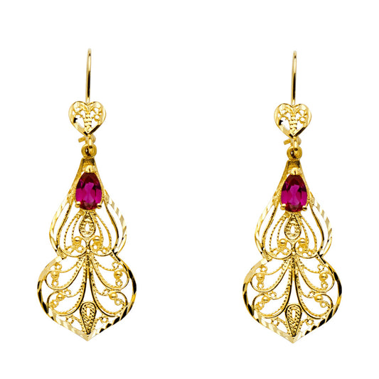 14K Yellow Gold Women’s Filigree Synthetic Red Ruby CZ Dangle Earrings aprox 2" tall
