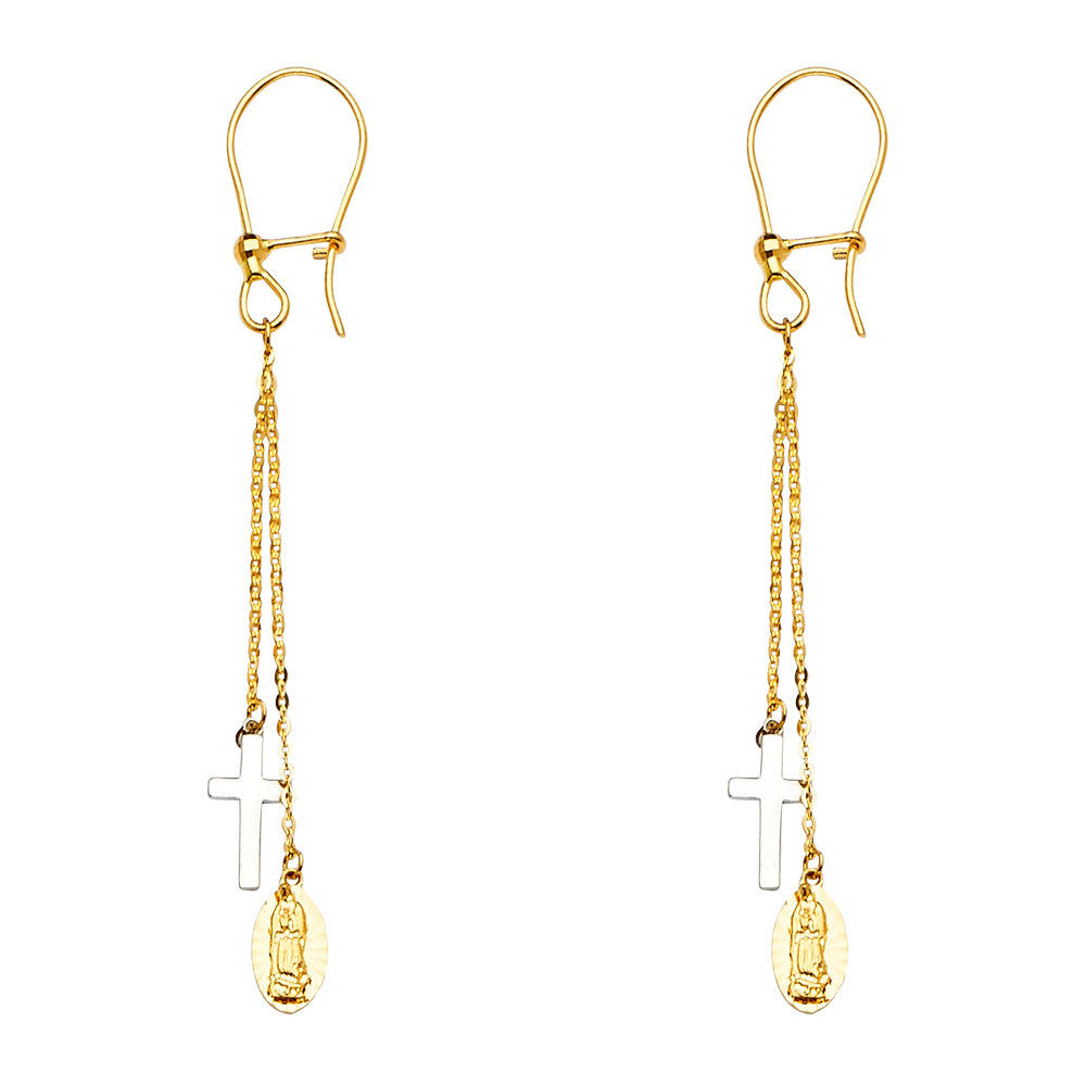 14K Two-Tone Gold Guadalupe & Cross Dangle Earrings