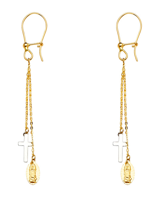 14K Two-Tone Gold Guadalupe & Cross Dangle Earrings