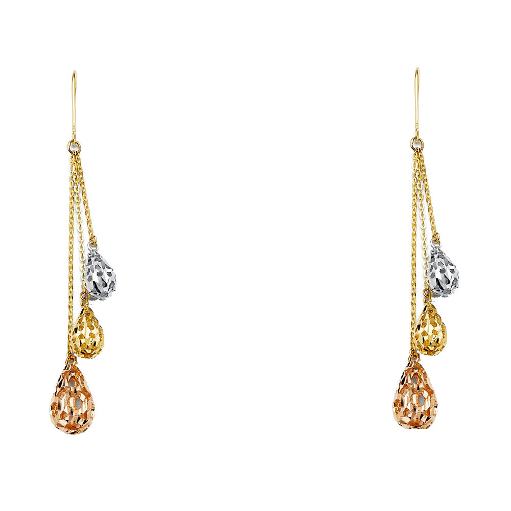 14K Tri-Color Gold Filigree Teardrop Dangle Earrings