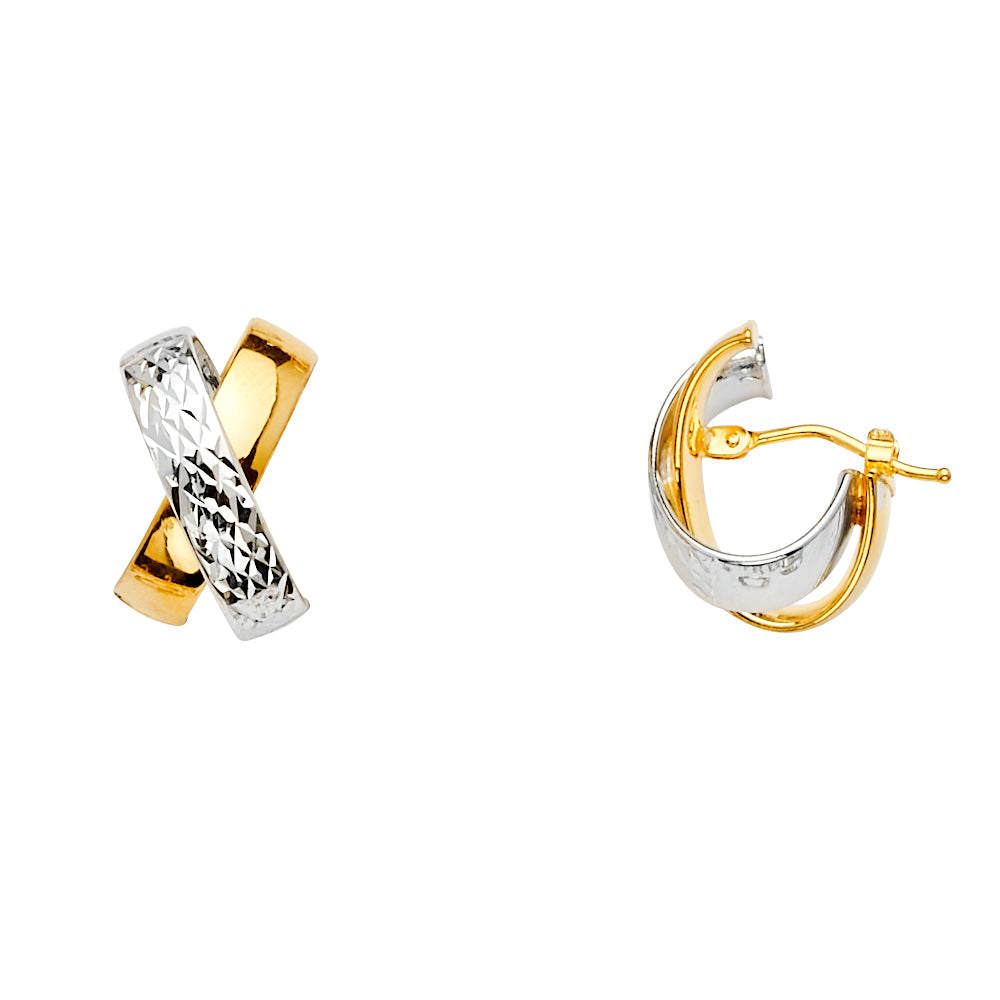 14K Two-Tone Gold Diamond-Cut X-Design Hoop Earrings aprox 3/4" tall