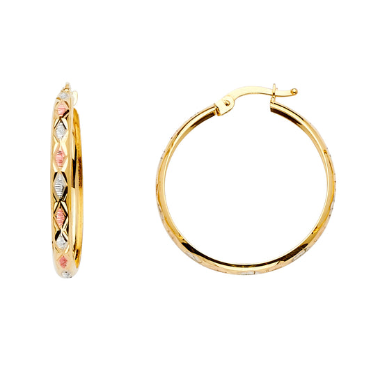 14K Tri-Color Gold Diamond-Cut Hoop Earrings aprox 1" in diameter