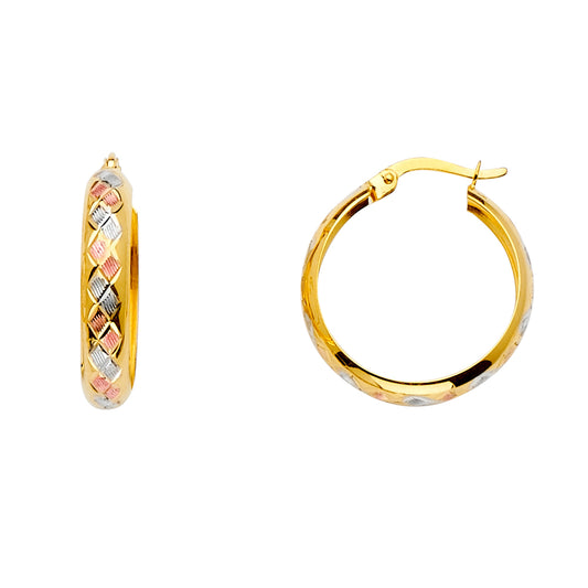 14K Tri-Color Gold Diamond-Cut Hoop Earrings aprox 3/4" in diameter