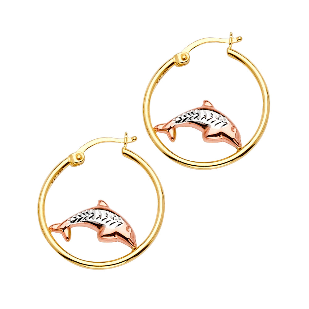 14K Tri-Color Gold Dolphin Design Hoop Earrings aprox 3/4" in diameter