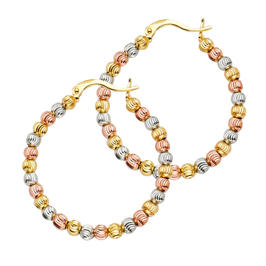 14K Tri-Color Gold Faceted Bead Hoop Earrings aprox 1 1/4" in diameter