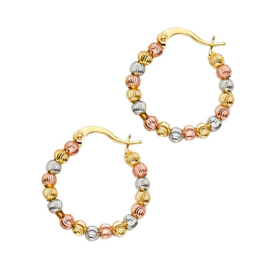 14K Tri-Color Gold Faceted Bead Hoop Earrings aprox 3/4" in diameter