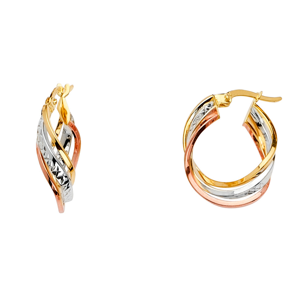 14K Tri-Color Gold Twisted Diamond-Cut Hoop Earrings aprox 1" tall