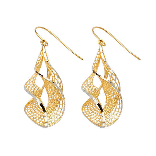 14K Two-Tone Gold Twisted Filigree Drop Earrings 1 1/2" tall