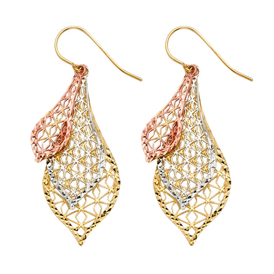 14K Tri-Color Gold Layered Filigree Leaf Drop Earrings1 3/4" tall