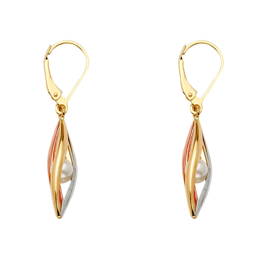 14K Tri-Color Gold Open Marquise Pearl Drop Earrings 1 1/2" tall