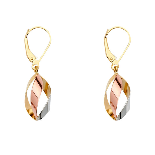 14K Tri-Color Gold Twisted Open-Loop Drop Earrings 1 1/2" tall