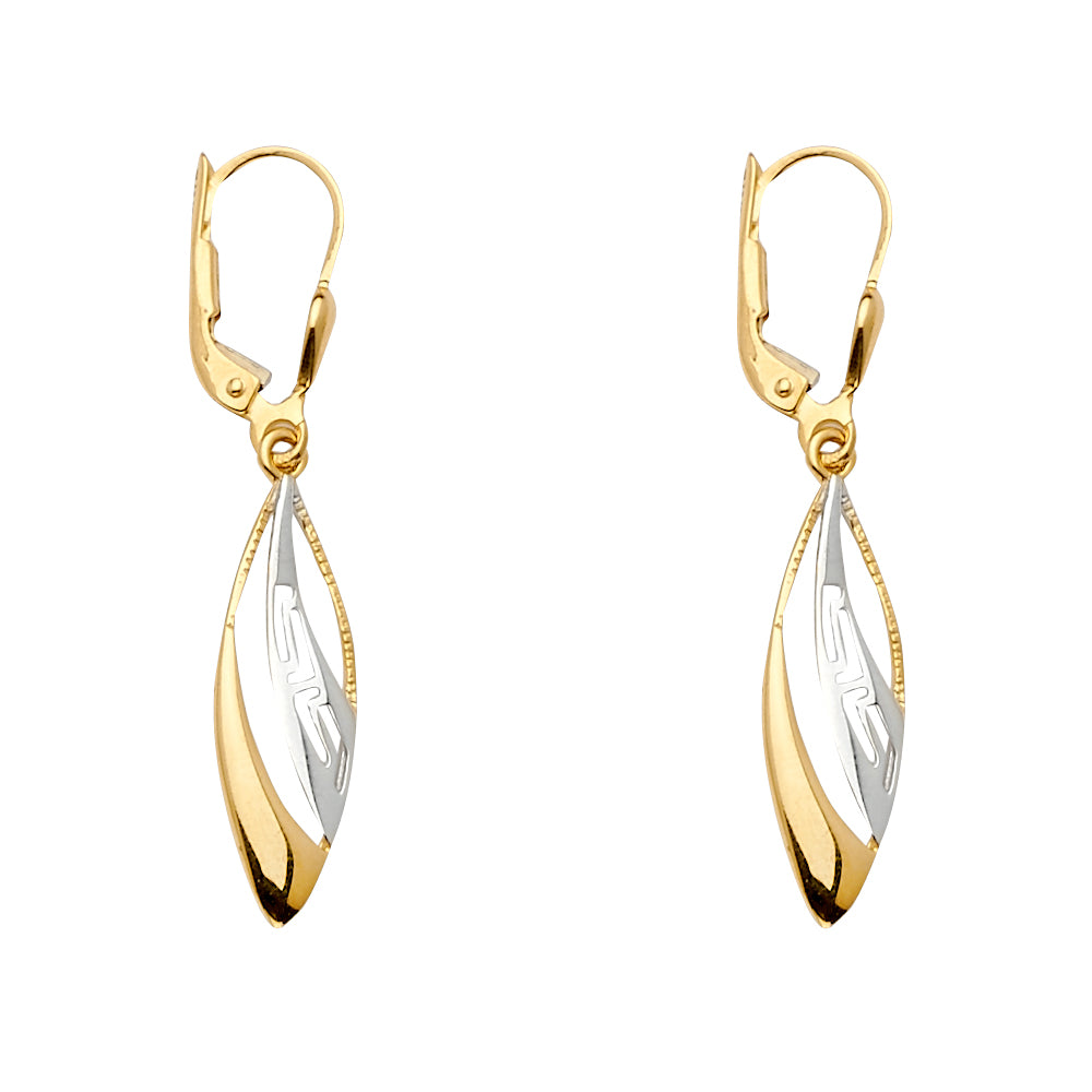 14K Two-Tone Gold Diamond-Cut Marquise Drop Earrings 1 1/2" tall