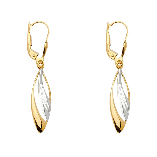 14K Two-Tone Gold Diamond-Cut Marquise Drop Earrings 1 1/2" tall