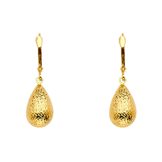 14K Yellow Gold Diamond-Cut Teardrop Drop Earrings 1 1/4" tall