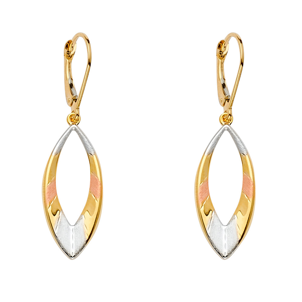 14K Tri-Color Gold Open Marquise Drop Earrings 1 1/2" tall