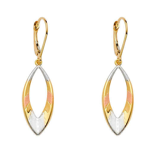 14K Tri-Color Gold Open Marquise Drop Earrings 1 1/2" tall