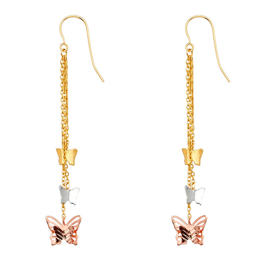 14K Tri-Color Gold Butterfly Dangle Earrings