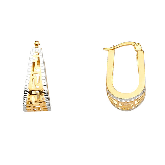 14K Two-Tone Gold Greek-Key Filigree Square Hoop Earrings 1' tall