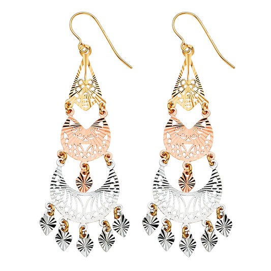 14K Tri-Color Gold Women’s Filigree Dangle Earrings aprox 2 2/1" tall