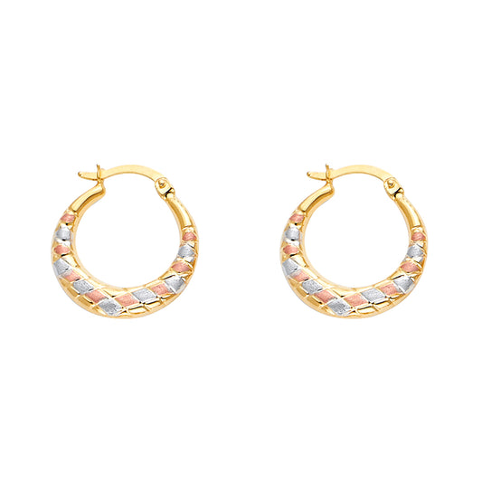 14K Tri-Color Gold Diamond-Cut Pattern Hoop Earrings