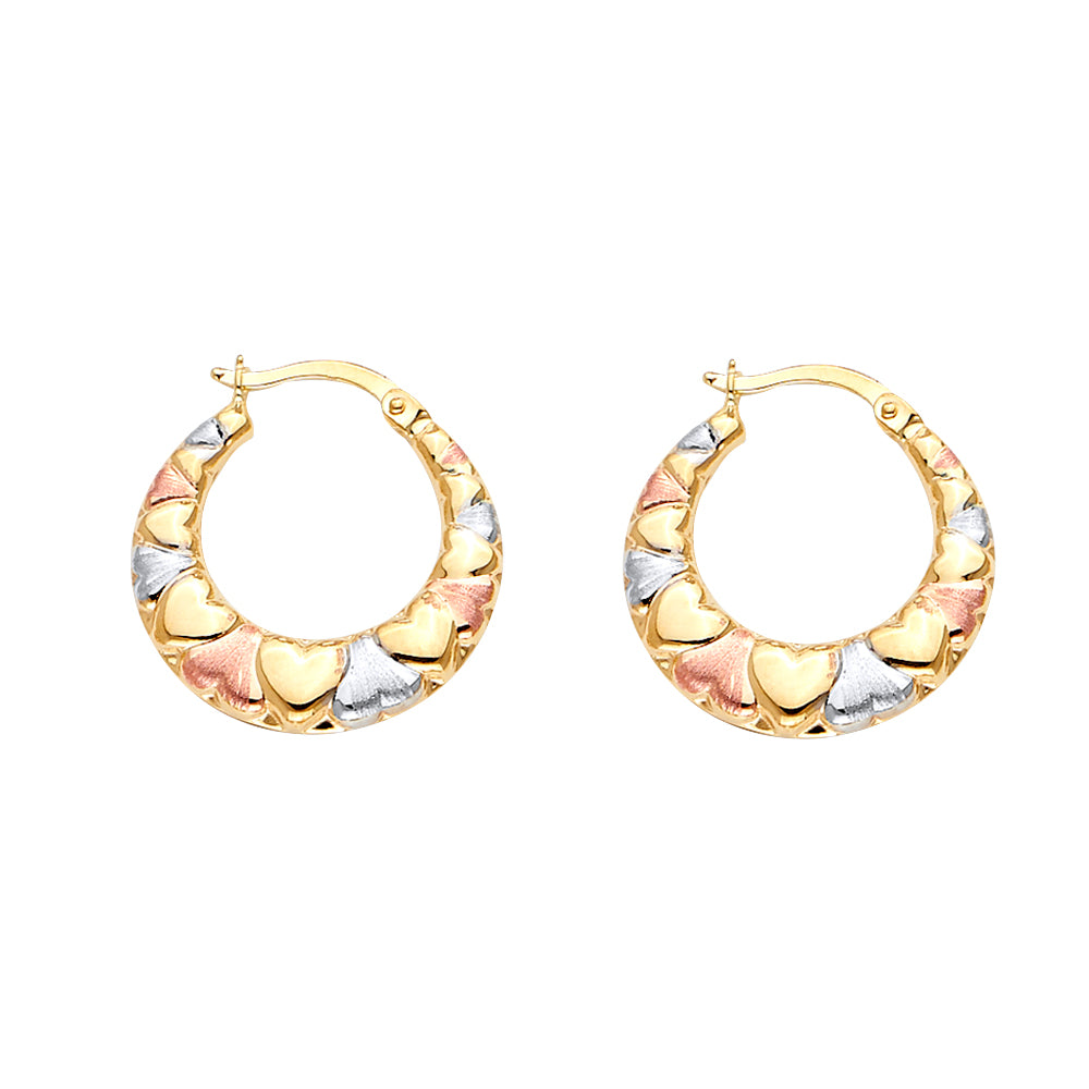 14K Tri-Color Gold Heart Design Hoop Earrings