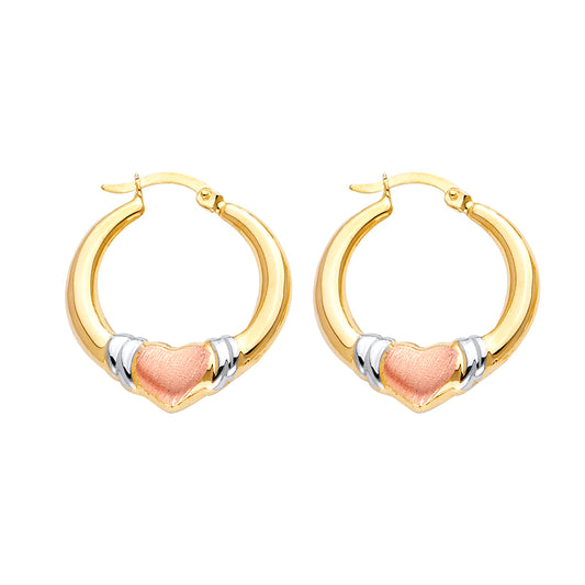 14K Tri-Color Gold Heart Design Hoop Earrings aprox 1" in diameter