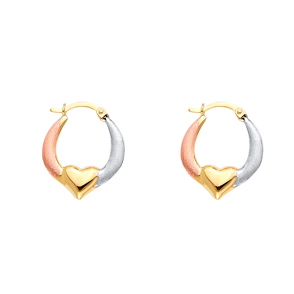 14K Tri-Color Gold Heart Design Hoop Earrings aprox 3/4" in diameter