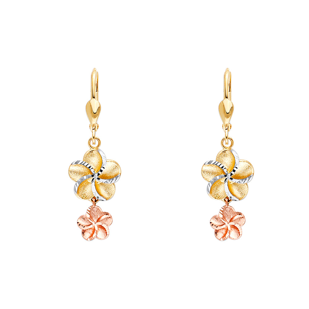 14K Tri-Color Gold Double Flower Dangle Earrings