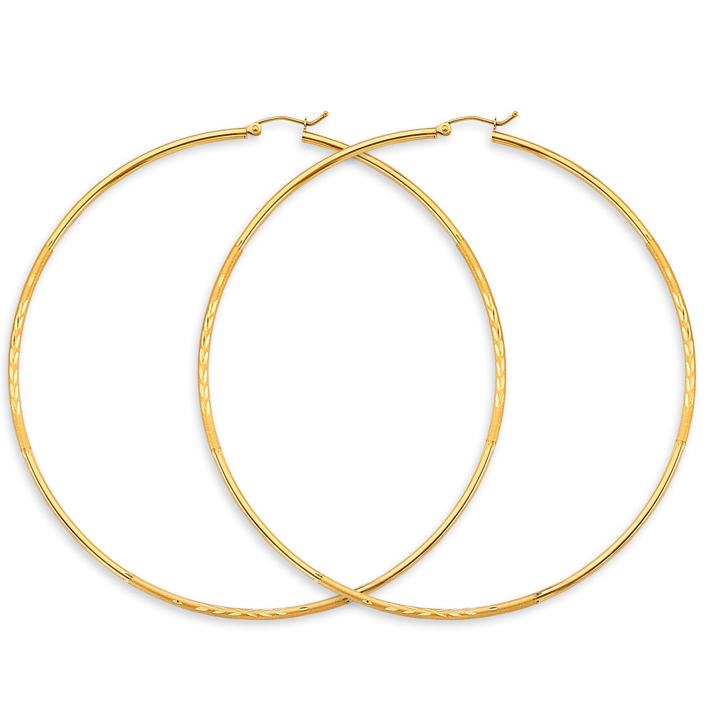 14K Yellow Gold Classic Hollow Satin-Finish / Diamond Cut Hoop Earrings  2.0mm Thick Aprox 3.5" in Diameter