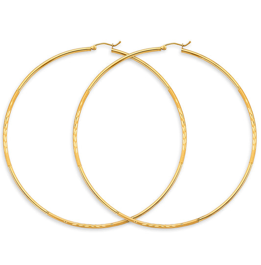 14K Yellow Gold Classic Hollow Satin-Finish / Diamond Cut Hoop Earrings  2.0mm Thick Aprox 3.5" in Diameter