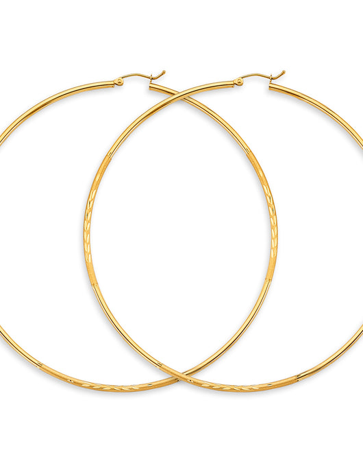 14K Yellow Gold Classic Hollow Satin-Finish / Diamond Cut Hoop Earrings  2.0mm Thick Aprox 3.5