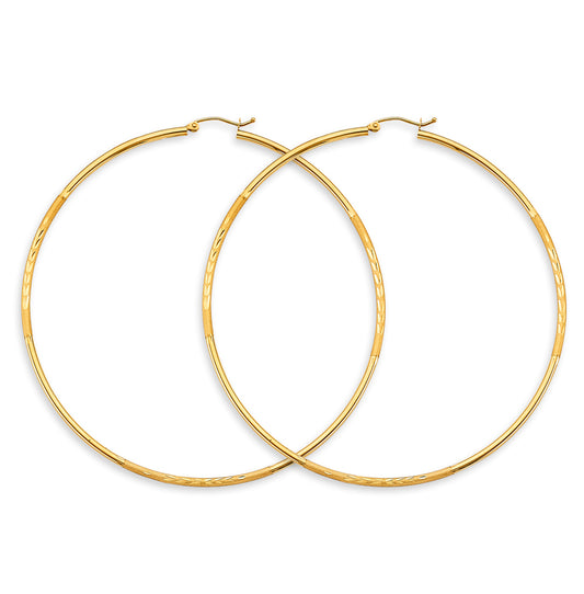 14K Yellow Gold Classic Hollow Satin-Finish / Diamond Cut Hoop Earrings  2.0mm Thick Aprox 3.5" in Diameter