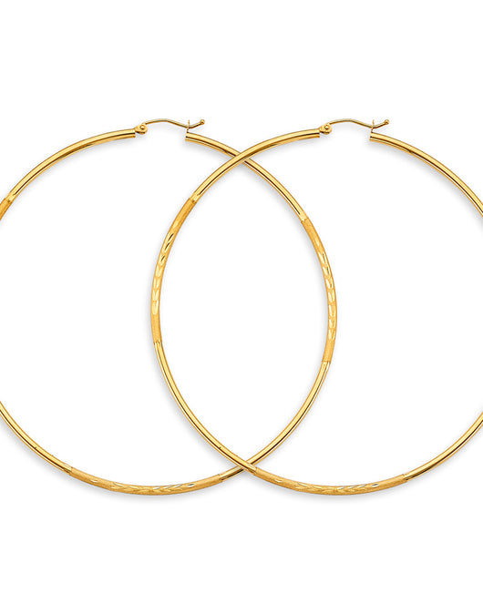 14K Yellow Gold Classic Hollow Satin-Finish / Diamond Cut Hoop Earrings  2.0mm Thick Aprox 3.5