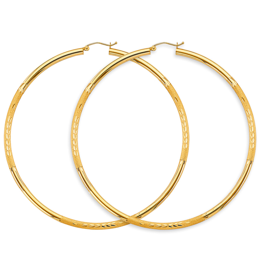 14K Yellow Gold Classic Hollow Satin-Finish / Diamond Cut Hoop Earrings  3.0mm Thick Aprox 3.1" in Diameter