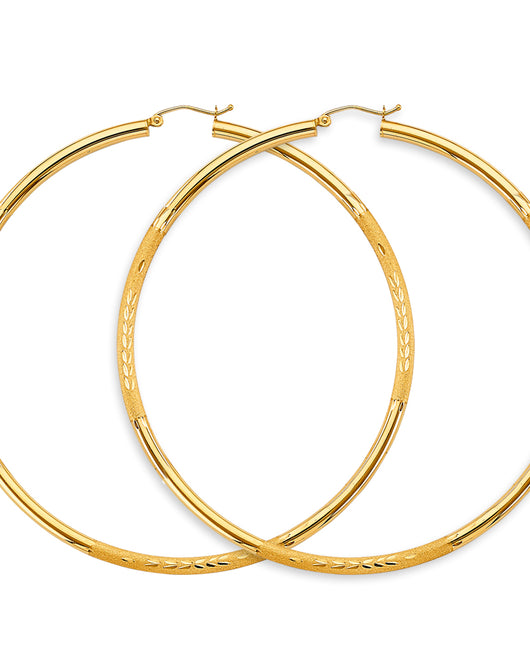 14K Yellow Gold Classic Hollow Satin-Finish / Diamond Cut Hoop Earrings  3.0mm Thick Aprox 3.1