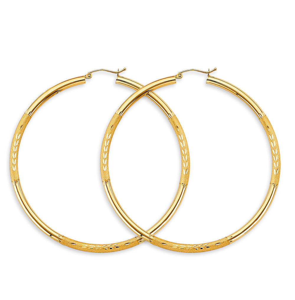 14K Yellow Gold Classic Hollow Satin-Finish / Diamond Cut Hoop Earrings  3.0mm Thick Aprox 2.6" in Diameter