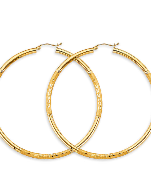 14K Yellow Gold Classic Hollow Satin-Finish / Diamond Cut Hoop Earrings  3.0mm Thick Aprox 2.6