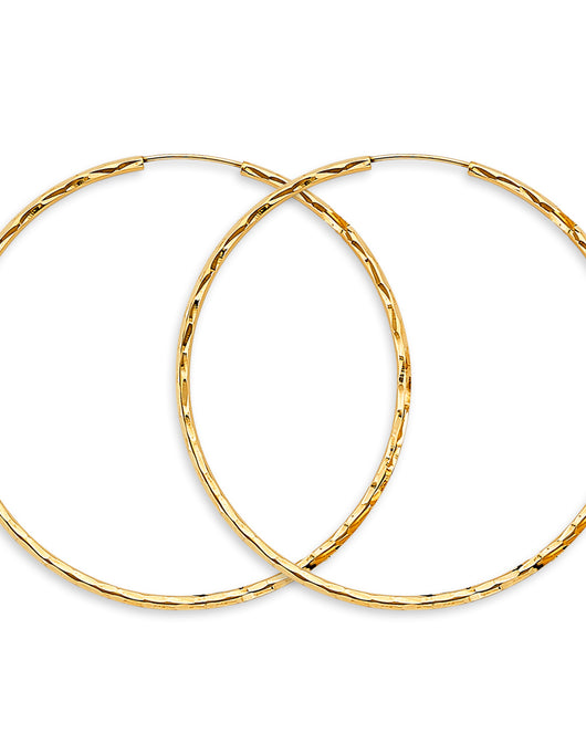 14K Yellow Gold Diamond-Cut 1.8mm Textured Round Hoop Earrings Thick Aprox 2.0