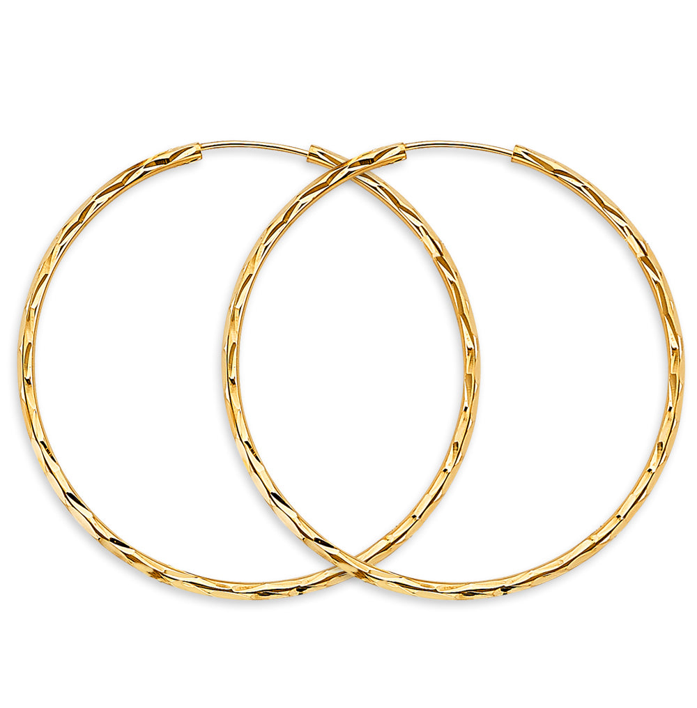 14K Yellow Gold Diamond-Cut 1.8mm Textured Round Hoop Earrings Thick Aprox 1.8" in Diameter