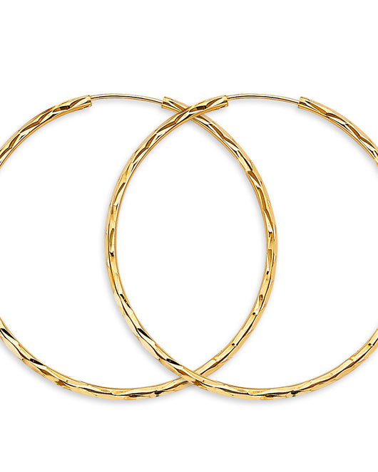 14K Yellow Gold Diamond-Cut 1.8mm Textured Round Hoop Earrings Thick Aprox 1.8