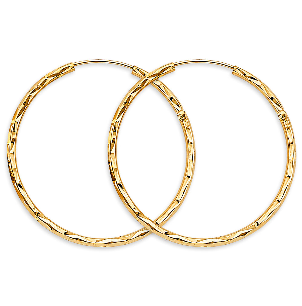 14K Yellow Gold Diamond-Cut 1.8mm Textured Round Hoop Earrings Thick Aprox 1.4" in Diameter