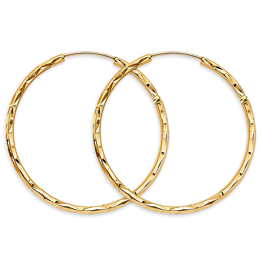 14K Yellow Gold Diamond-Cut 1.8mm Textured Round Hoop Earrings Thick Aprox 1.4" in Diameter