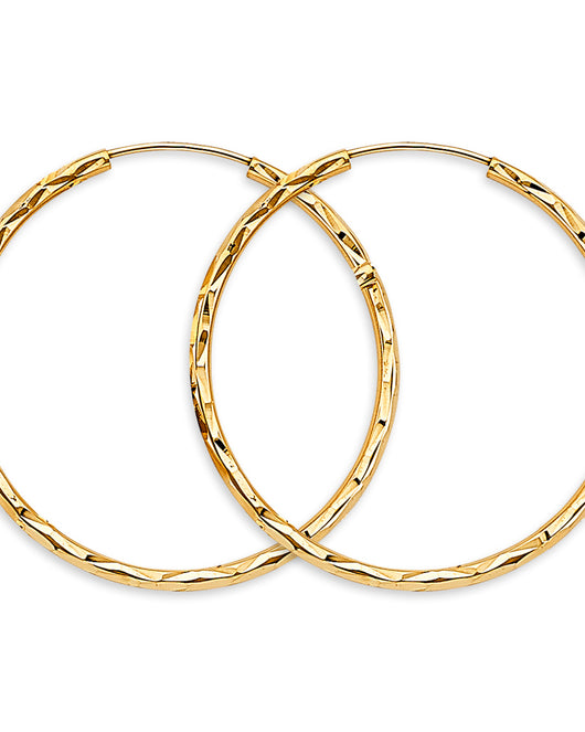 14K Yellow Gold Diamond-Cut 1.8mm Textured Round Hoop Earrings Thick Aprox 1.4