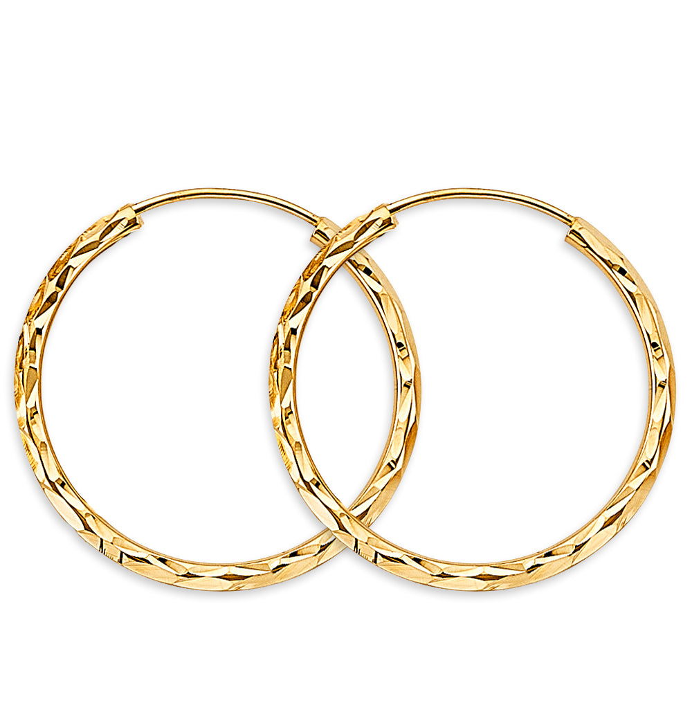 14K Yellow Gold Diamond-Cut 1.8mm Textured Round Hoop Earrings Thick Aprox 1.0" in Diameter