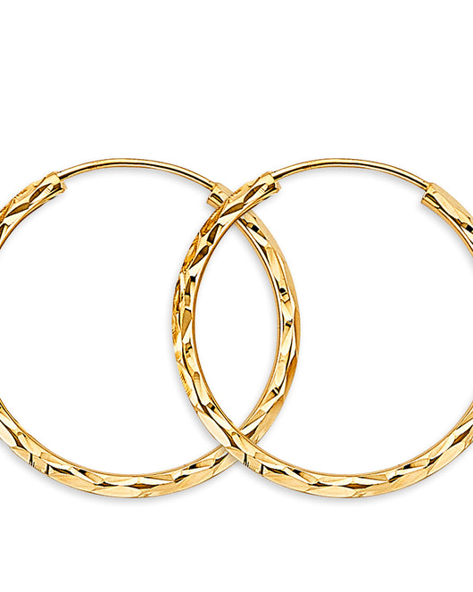 14K Yellow Gold Diamond-Cut 1.8mm Textured Round Hoop Earrings Thick Aprox 1.0