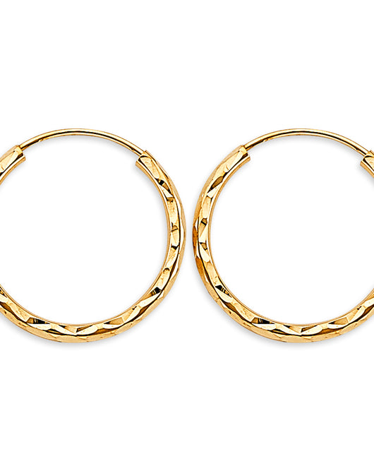 14K Yellow Gold Diamond-Cut 1.8mm Textured Round Hoop Earrings Thick Aprox 0.8