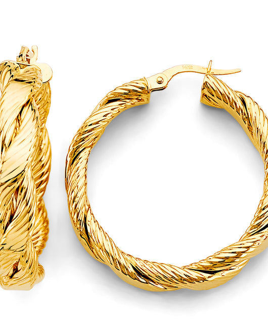 14K Yellow Gold Twisted Diamond-Cut Hoop Earrings aprox 1 1/4